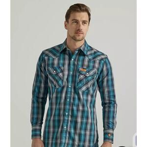 Wrangler Men's Flame Resistant Western Pearl Snap Plaid Shirt Size L Workwear